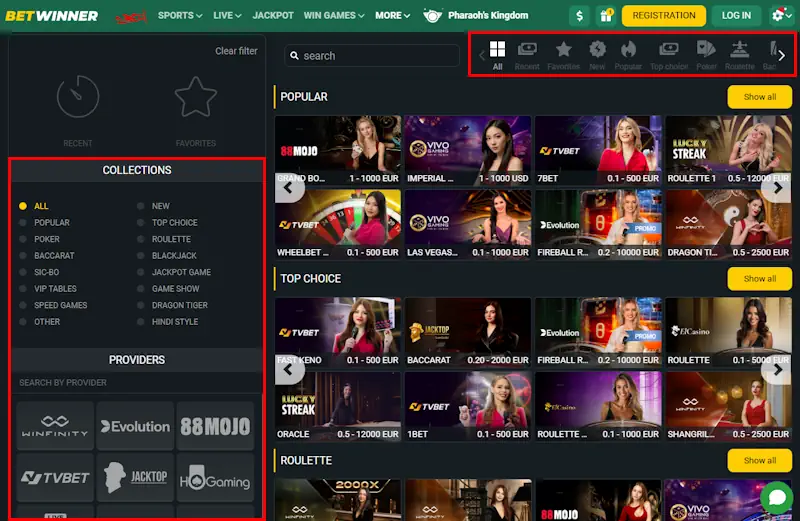 Betwinner Live Casino Menu Screenshot